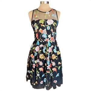 New York & Co Black Mesh Allover Floral Embroidered Dress Sz 6 Fairy Prom Party